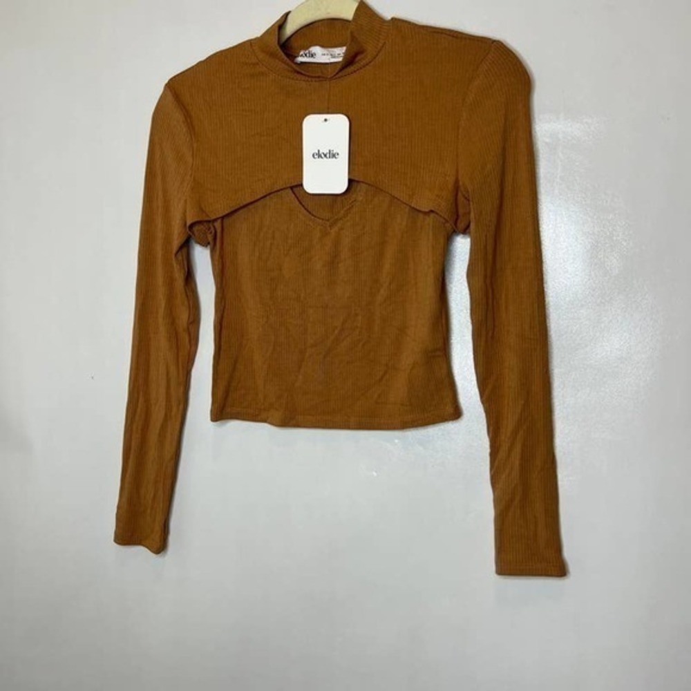 Elodie Womens‎ Brown Mock Neck Ribbed 2 Piece Crop Top Size S